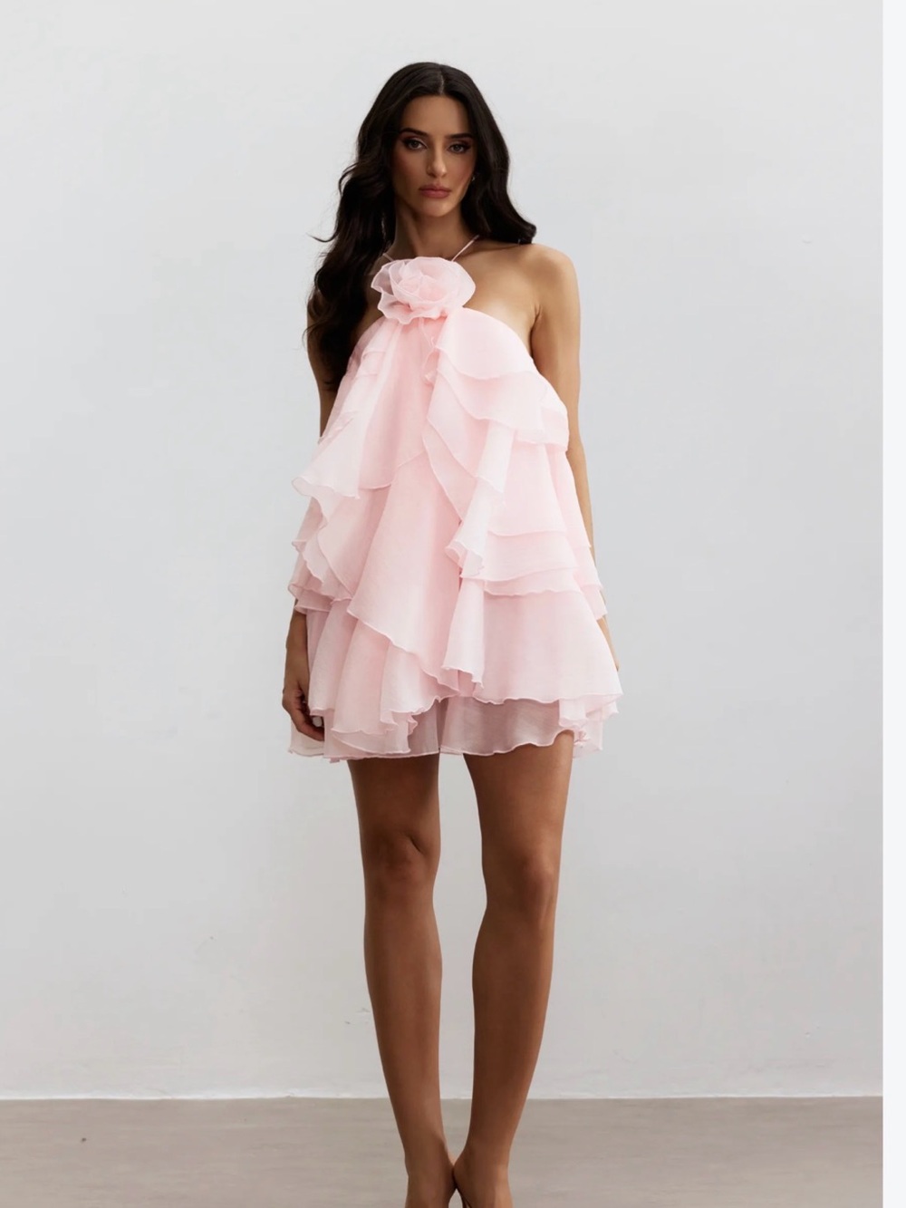 Petal-Trim Halter Mini Dress in Light Pink